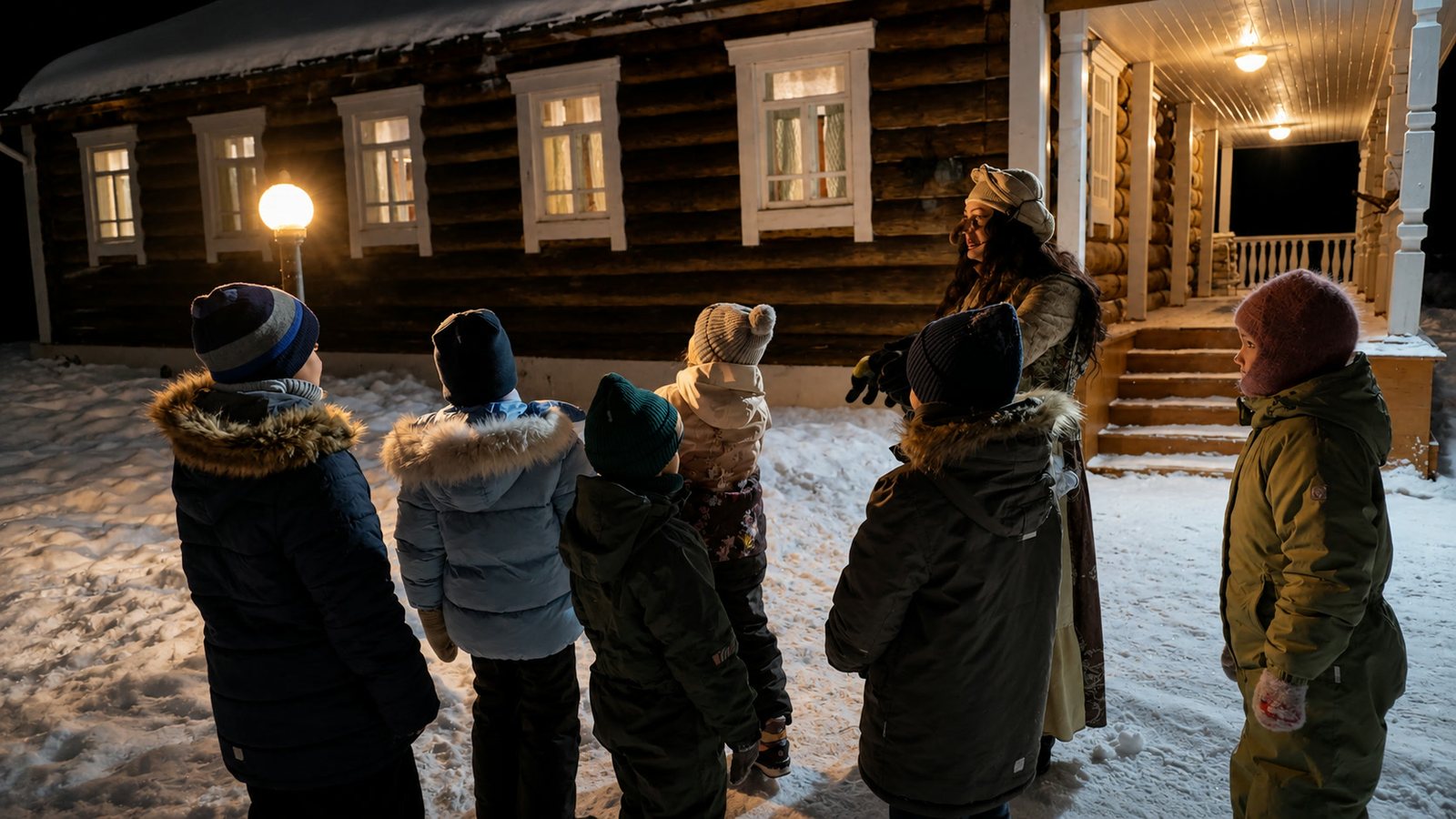 Дети стоят перед освещённой деревянной избой ночью и слушают ведущую.