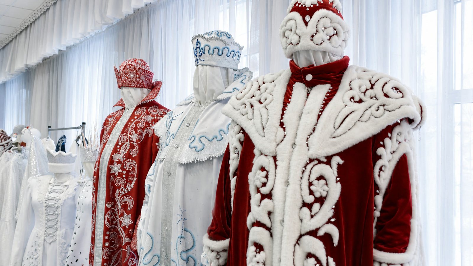 Манекены в красном, белом и бордовом праздничных костюмах Деда Мороза.