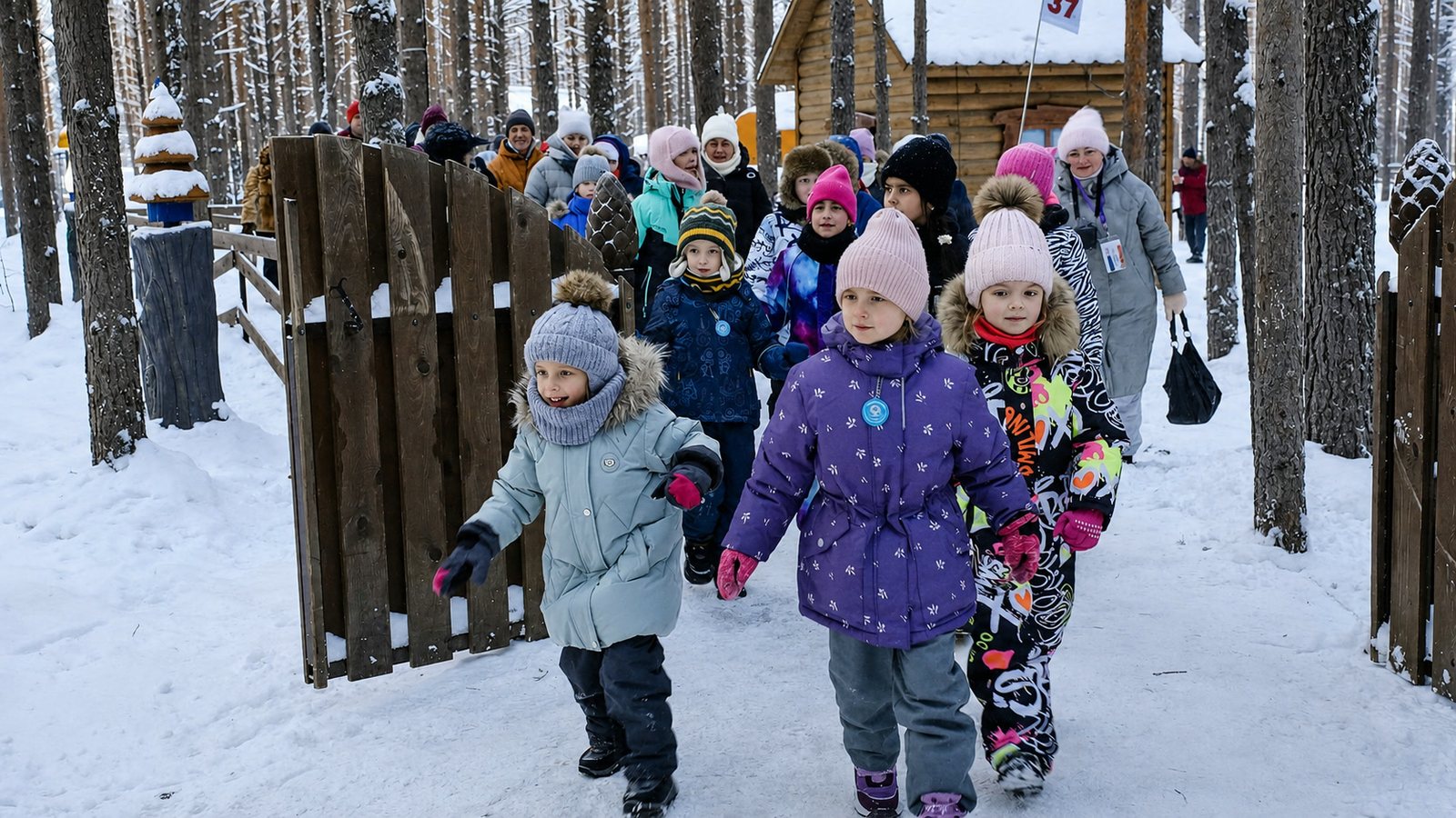 Группа детей идёт по заснеженной лесной дорожке между деревянными ограждениями на Вотчине.
