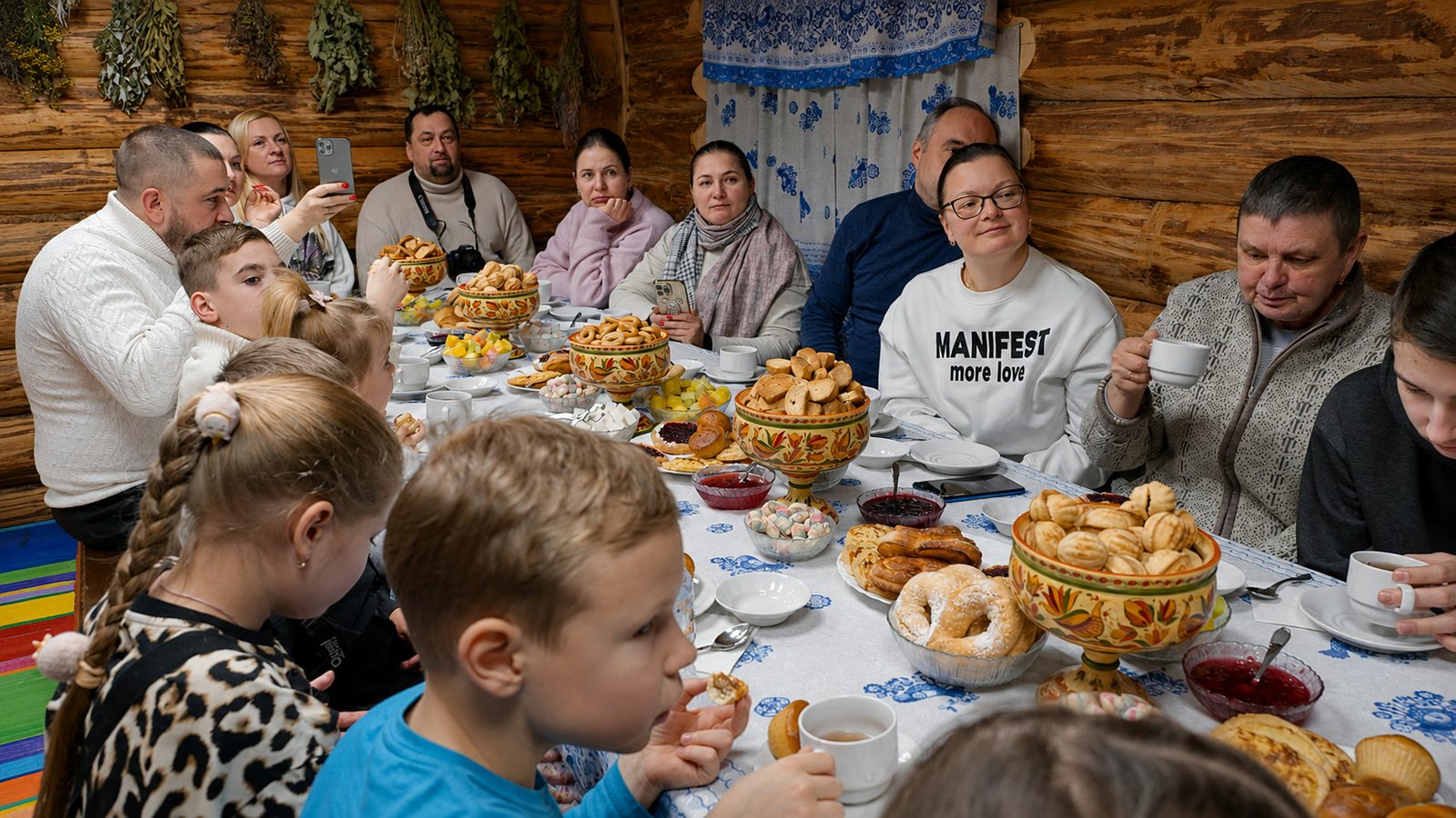 Семьи и дети сидят за длинным столом с выпечкой и чаем в бревенчатой комнате.