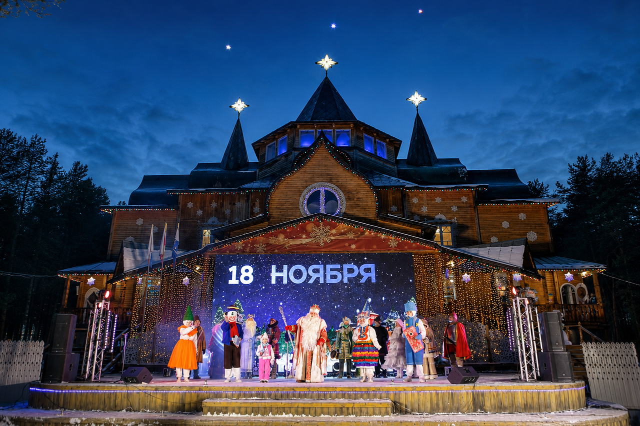 Праздничная сцена «18 ноября» перед теремом Деда Мороза ночью.